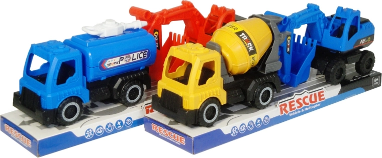 Bau- und Rettungsfahrzeuge – Set mit 2 Fahrzeugen mit Schwungrad