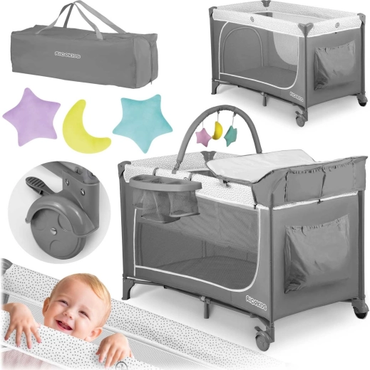 Reisebett für Kinder 2-in-1 mit Matratze und Wickelauflage, grau