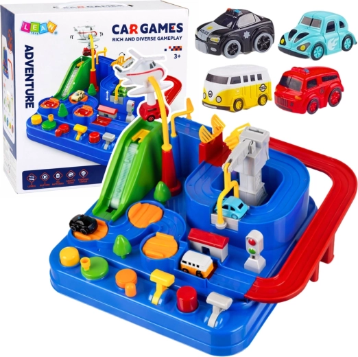 Interaktive Autorennbahn mit Hindernissen und Parkplatz, 4 Autos und Hubschrauber – Blau