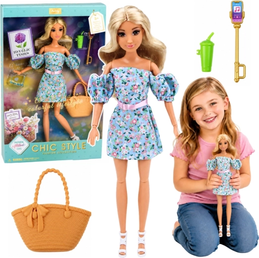 Anlily Fashion Puppe in blauem Blumen-Kleid mit Handtasche und Zubehör