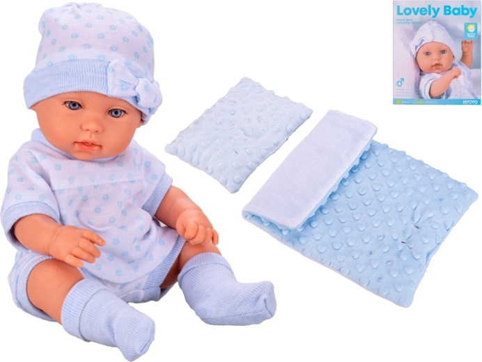 Baby mit Bettzeug 33 cm – blau‑weißes Outfit