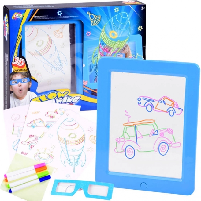 Leuchtende Zeichentafel mit 3D-Brille und Neonmarkern – Blau