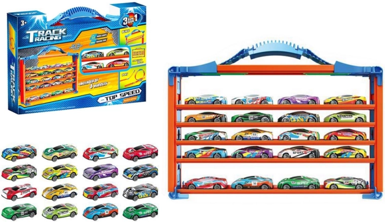Rennbahn-Set mit überkopf Schleifen und Aufbewahrungsregal für Autos