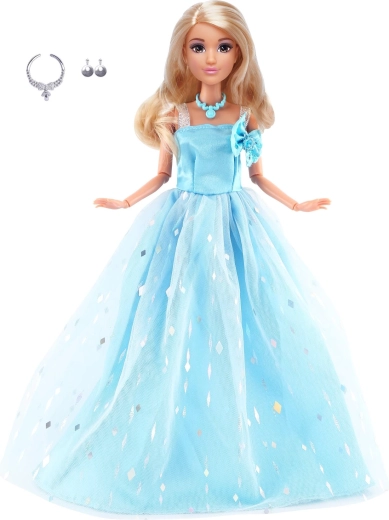 Modische Puppe in einem langen, hellblauen Abendkleid