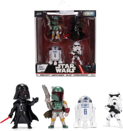 Set mit 4 STAR WARS Metalfigs – Darth Vader, R2‑D2, Stormtrooper und Boba Fett