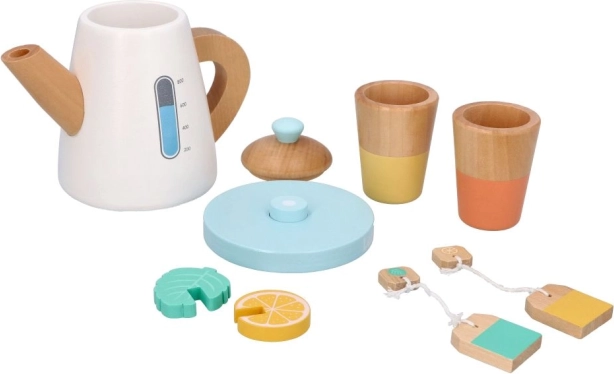 Holz-Teeservice mit Kanne und Tassen