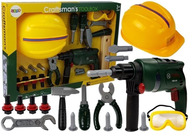 Kinderset mit Werkzeugen, Bohrer, Schutzbrille und Helm