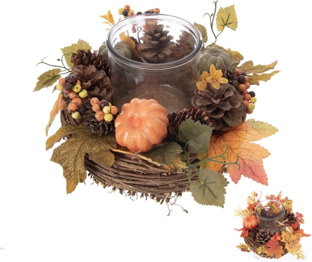 Herbstlicher Kerzenhalter aus Rattan und Glas Ø 21 cm (2 Varianten)