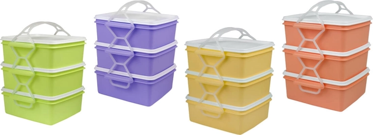 Speisenbehälter 3-stöckig 3 × 1,2 l eckig, Kunststoff, Farbmix