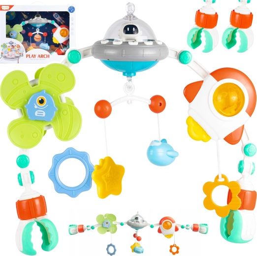 Universeller hängender Bogen für Bettchen und Kinderwagen Ufo mit Musikpanel