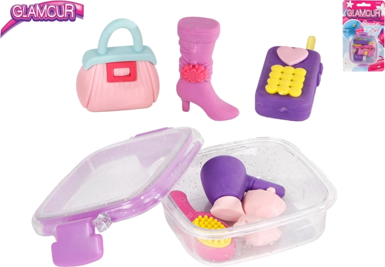 Glamour-Set Radiergummis in Form von Modeaccessoires