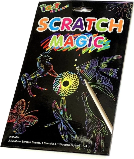 Regenbogen-Kratzblätter mit Schablonen und Holzstift