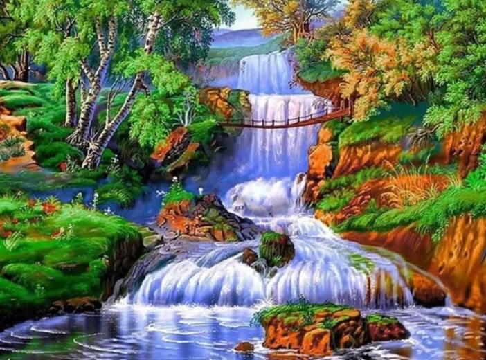 Diamantmalerei Wasserfall im Wald 30 × 40 cm
