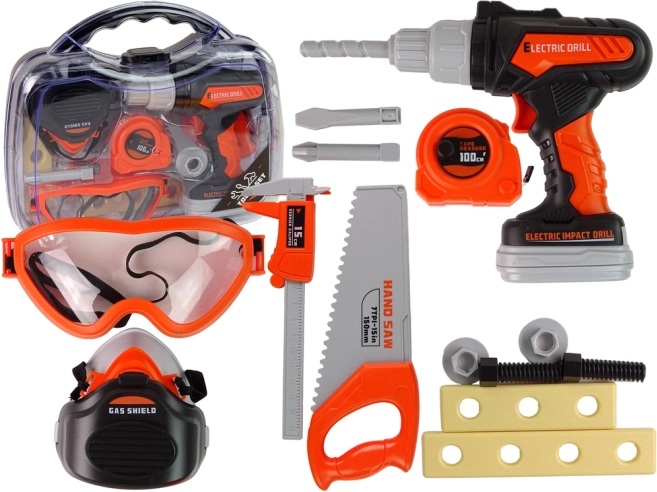 Werkzeugset mit elektrischem Bohrer und Schutzbrille