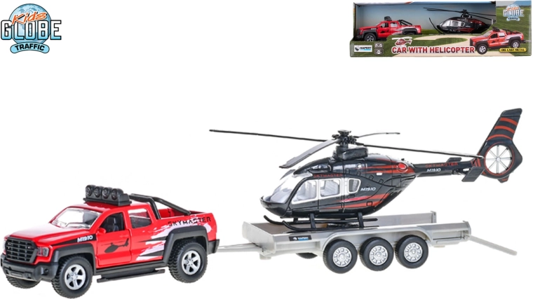 Kids Globe Traffic Geländewagen mit Anhänger und Hubschrauber mit Rückzugantrieb