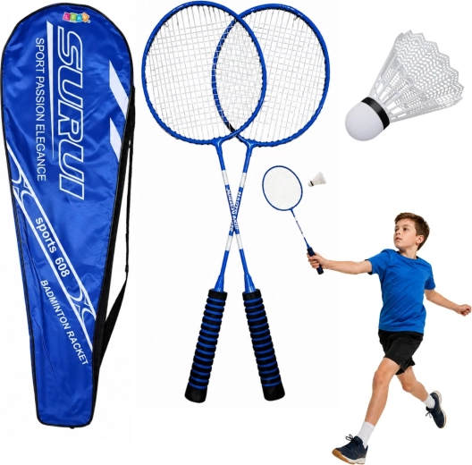 Badminton-Set – 2 Schläger, Kunststoff-Federball und Tasche (blau)