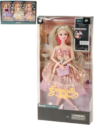 Modische blonde Puppe in glitzerndem Ballkleid mit Handtasche und Ohrringen - 1 Stück