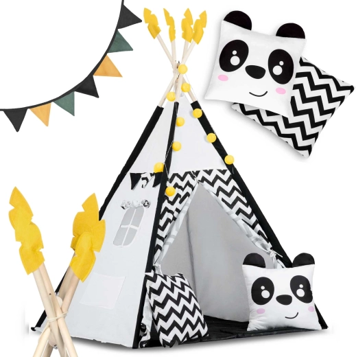 Kinder-Tipi mit Girlande und Lichtern Nukido – schwarz‑weiß mit Panda
