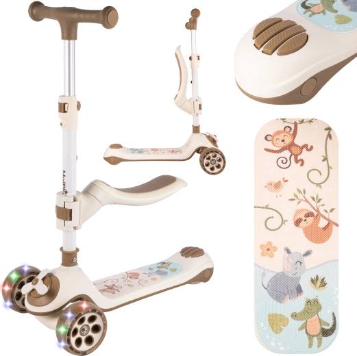 Kinder Falt-Tretroller mit Sitz und leuchtenden Rädern, beige