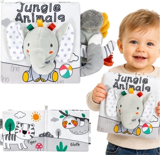Weiches Sensorik-Buch für Babys mit Elefant (knistert, quietscht und rasselt), grau