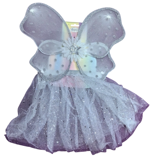 Feenkostüm mit silbernen Flügeln und weißem Tutu-Rock