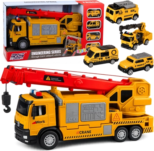 Gelber Kran-LKW mit Fahrzeugtransporter mit Licht und Sound (4 Mini-Fahrzeuge)
