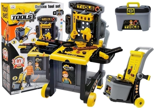 Kinder-Werkbank 3-in-1 mit Wagen und Werkzeugkoffer