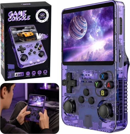 Tragbare Retro-Spielkonsole R36S mit 3,5" IPS-Display, violett