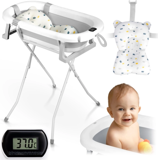 Faltbare Babybadewanne mit Ständer, Thermometer und Einlage Ricokids, weiß‑grau
