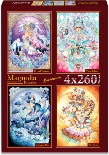 Magnolia Puzzle-Set Kristalleinhorn, weißes Kaninchen, Mitternachtsblau und Mond 4×260 Teile