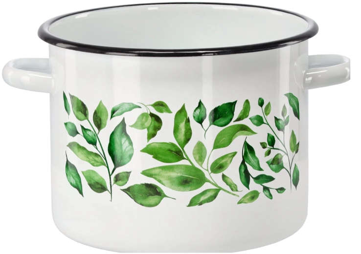 Emailtopf 5,5 l, 22 cm, weiß mit Ficus-Motiv