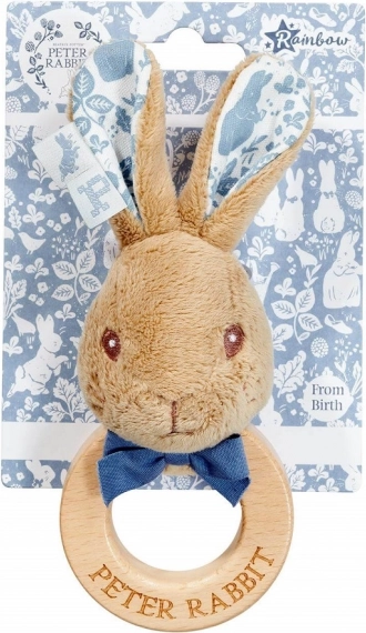 Rassel und Beißring Häschen Peter Rabbit aus Holz und Baumwolle