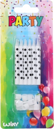 Kerzen mit schwarzen Punkten mit Halterungen 12 Stk.