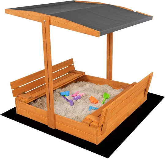 Kindersandkasten aus Holz mit klappbaren Bänken und Verdeck BABY MIX 120 × 120 cm, grau