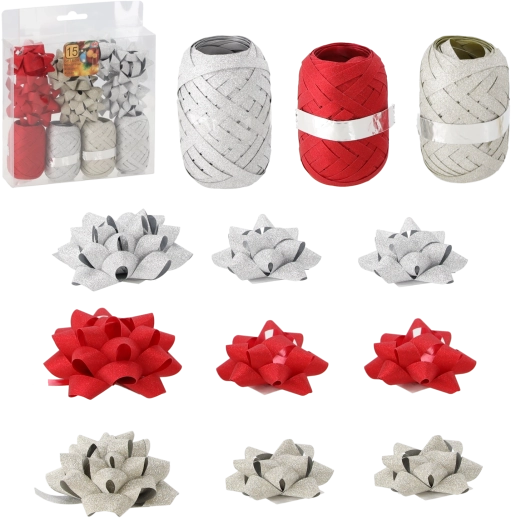 Geschenkverpackungs-Set – Gold, Rot und Silber (4 Bänder + 11 Schleifen)