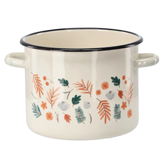 Emaillierter Topf 5,5 l, Durchmesser 22 cm, cremefarben mit Blattmotiv