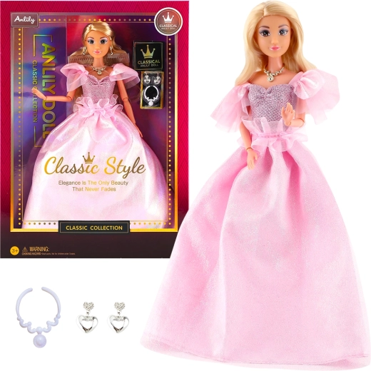 Modepuppe im eleganten rosa Abendkleid