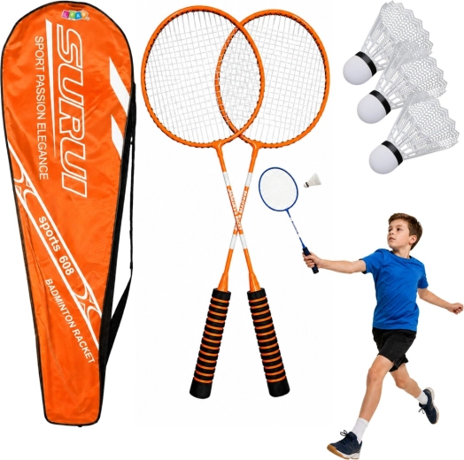 Badminton-Set mit 2 Schlägern, 3 Federbällen und Hülle, orange
