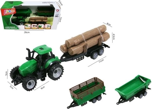 Grüner Traktor mit 3 Anhängern 18 cm