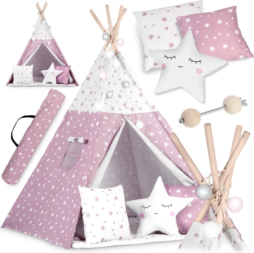 Kinder-Tipi mit Lichterkette NUKIDO – rosa mit Sternchen
