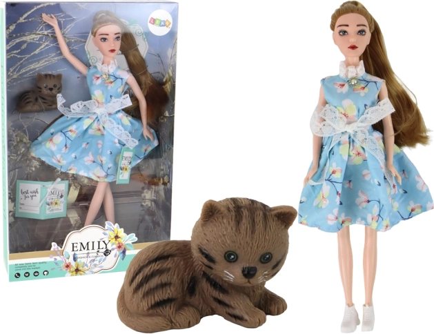 Puppe Emily Frühling mit langen Haaren in blauem Kleid und Kätzchen