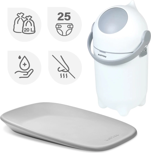 Nattou Set: Windeleimer Dropy und Wickelauflage Softy 50 × 70 cm white/grey