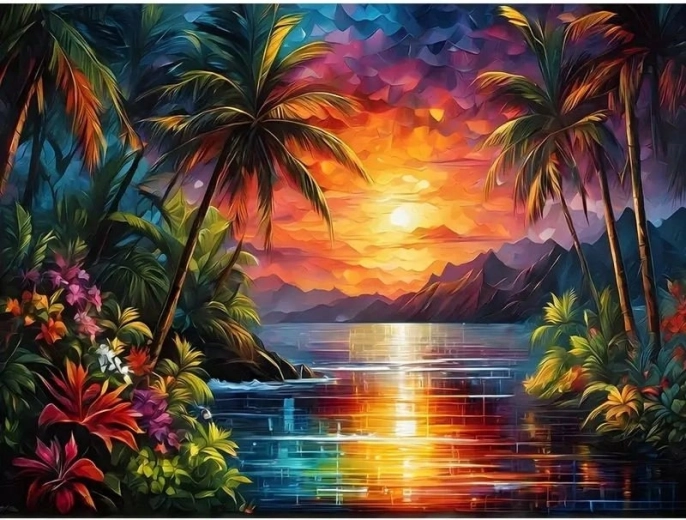 Diamantmalerei – Sonnenuntergang im tropischen Paradies 30 × 40 cm