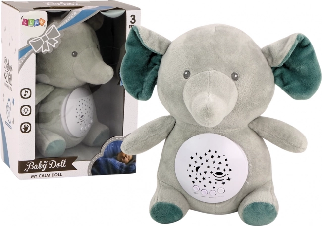Schlafender Kuschelbär Elefant mit Sternenprojektion und Melodien - grau