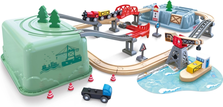 Eisenbahn-Set im Aufbewahrungsbox Hafen HAPE Railway Bucket Harbour Set