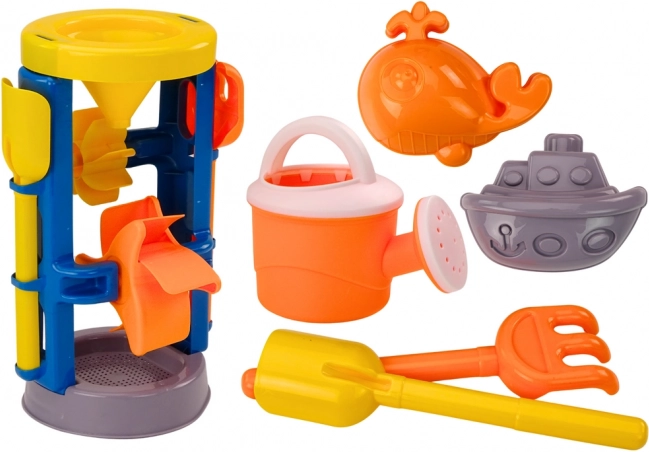 Großes Sandset mit Mühle, Schaufel, Rechen, Gießkanne und Formen
