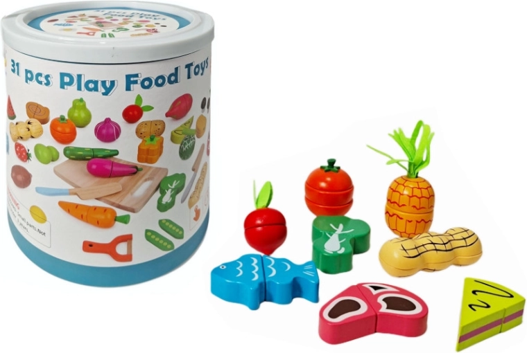 Holzobst und -gemüse zum Schneiden im Eimer