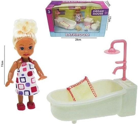 Mini-Puppe 11 cm mit Badezimmer-Set
