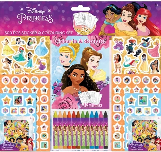 Disney Prinzessinnen Sticker-Set mit Malbuch und Wachsmalstiften (500 Stk.)