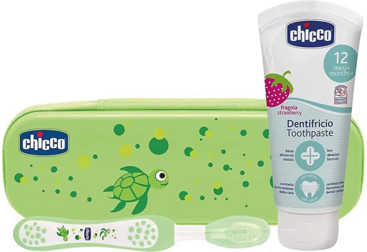Chicco Set Zahnbürste und Fluor-Zahnpasta im Etui Always Smiling, grün, 12M+